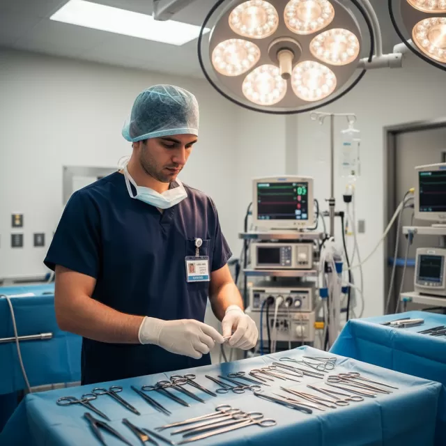 Surgical technologist preparing instruments at sterile table in hospital operating room