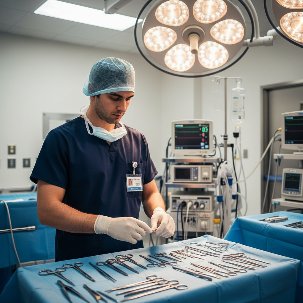 Surgical technologist preparing instruments at sterile table in hospital operating room