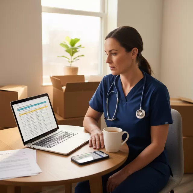 Travel nurse reviewing agency options on laptop in temporary apartment with moving boxes