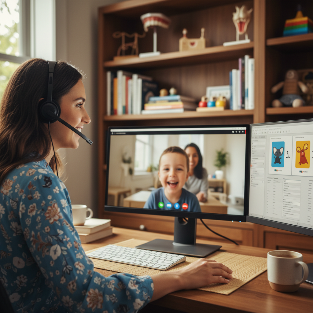Speech therapist conducting virtual therapy session from home office with video call on monitor