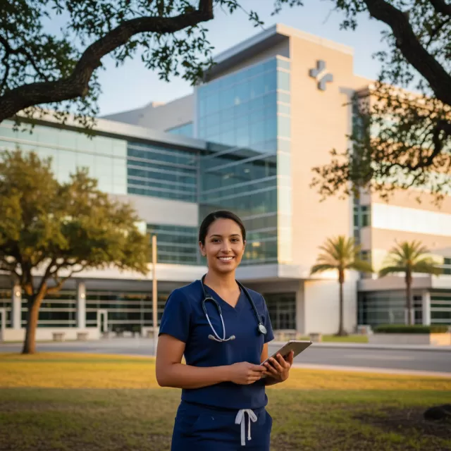 Travel nurse outside modern Texas hospital in Austin or San Antonio