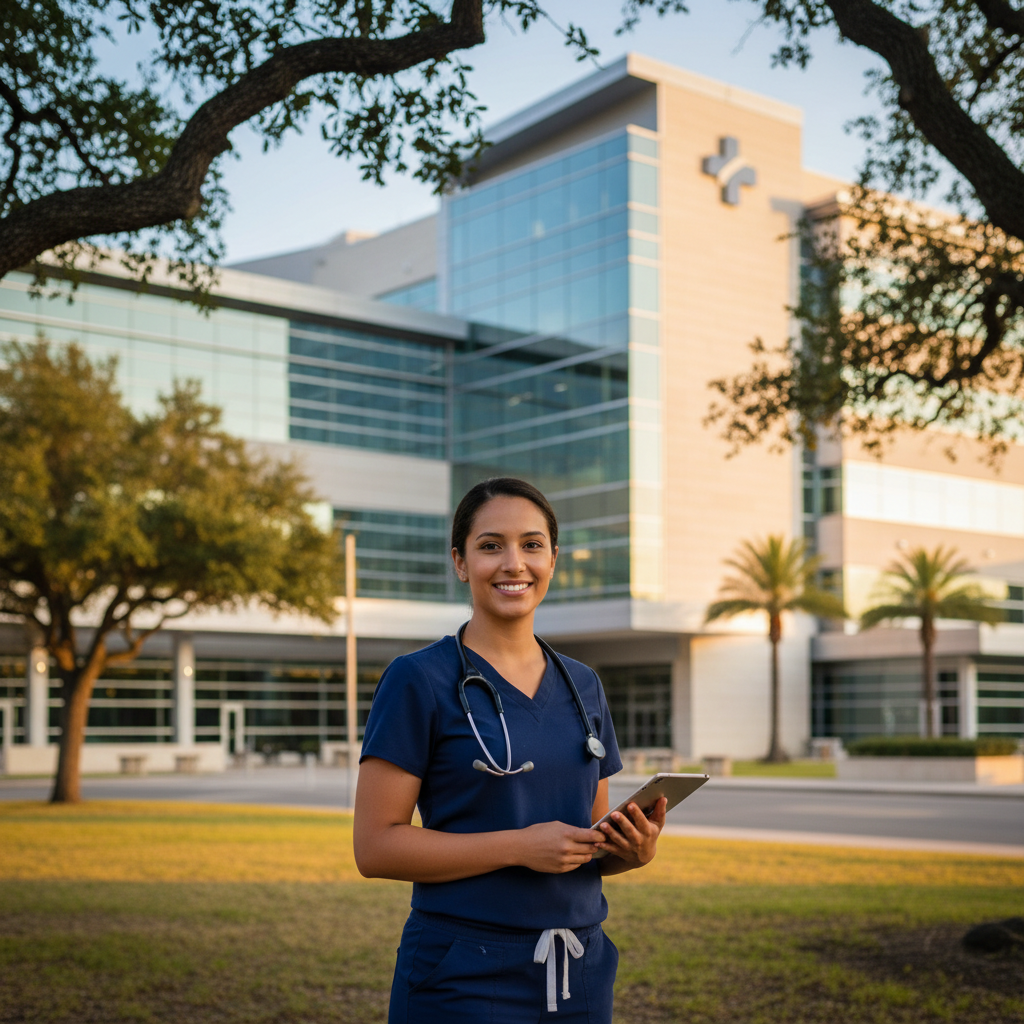 Travel nurse outside modern Texas hospital in Austin or San Antonio