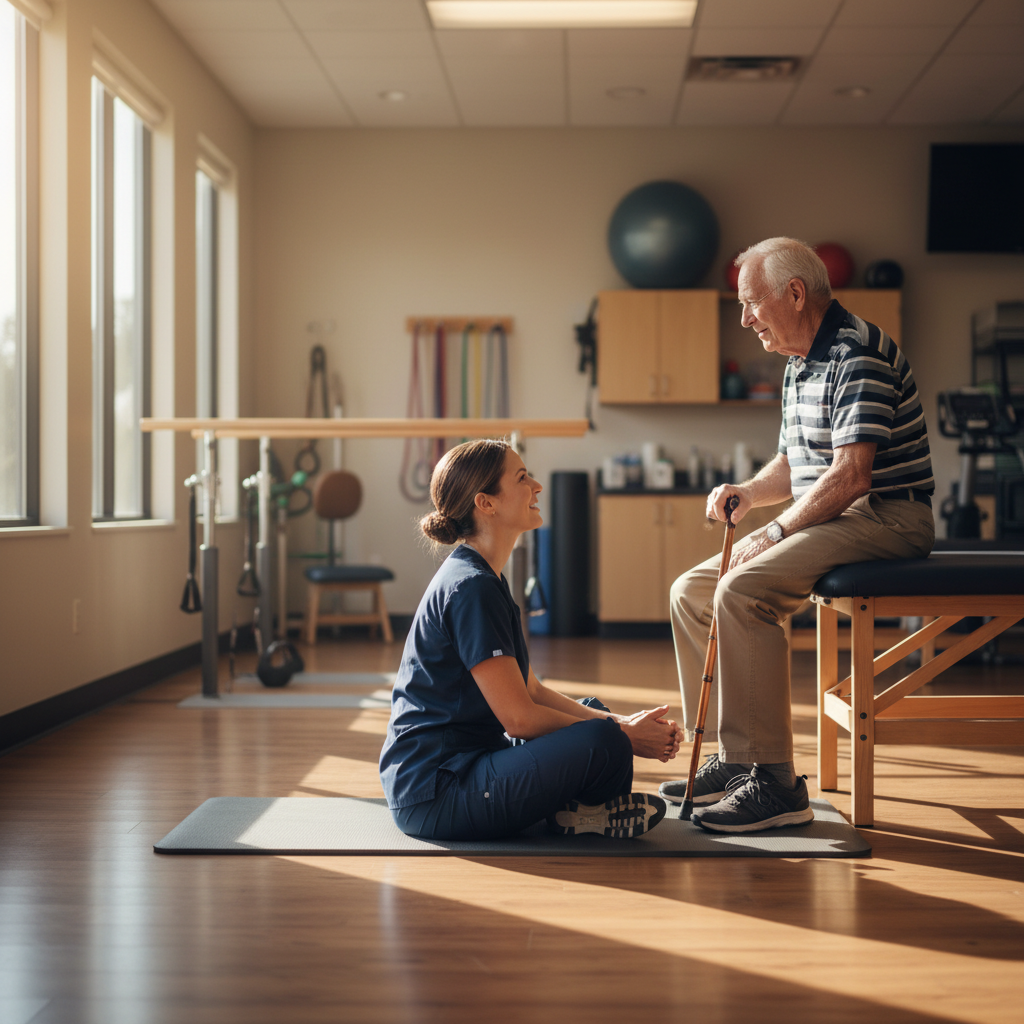 Physical therapist sitting with patient in outpatient clinic, engaged in compassionate conversation