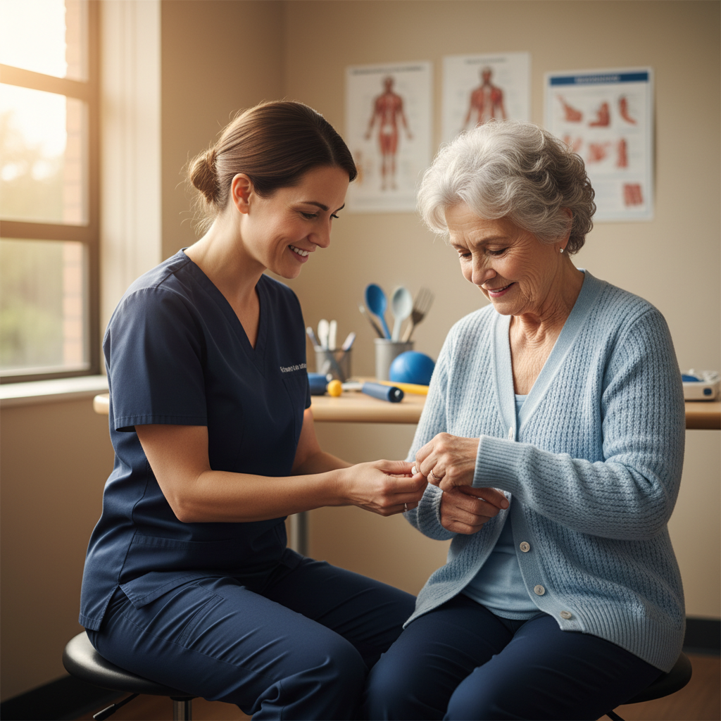 Occupational therapist helping elderly patient practice buttoning shirt during rehabilitation session
