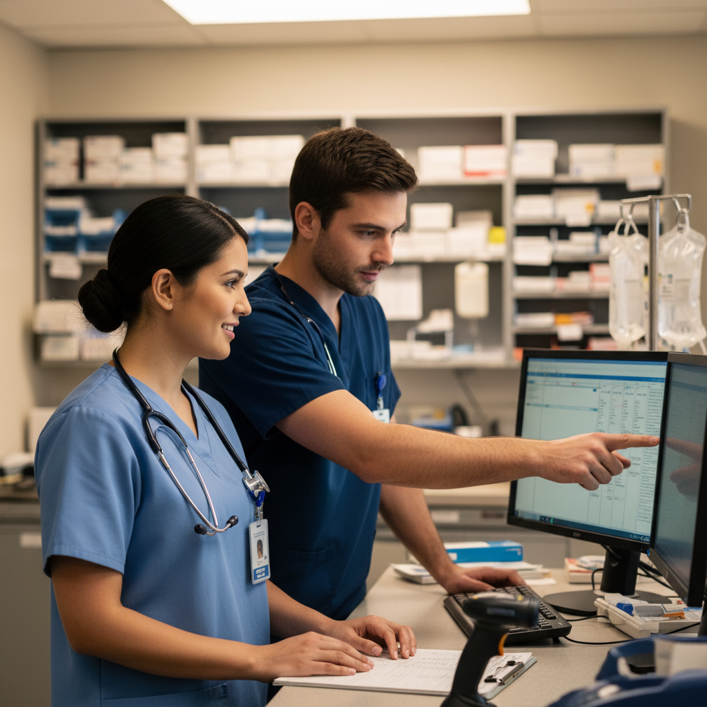 Two healthcare colleagues reviewing medication chart together at hospital nurses station