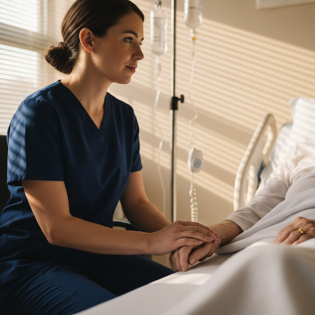 Nurse holding patient's hand at bedside in hospital room during end of shift