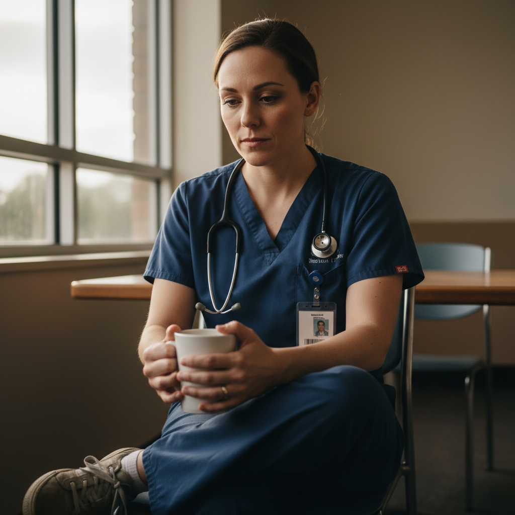 Nurse in scrubs sitting quietly in hospital break room, holding coffee mug in moment of reflection