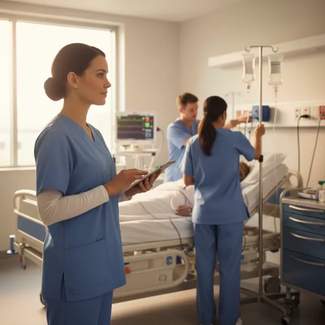 Nurse standing back observing colleagues at patient bedside in hospital room