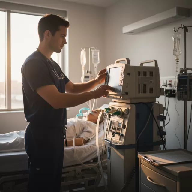 Respiratory therapist adjusting ventilator settings beside patient bed in ICU during early morning shift