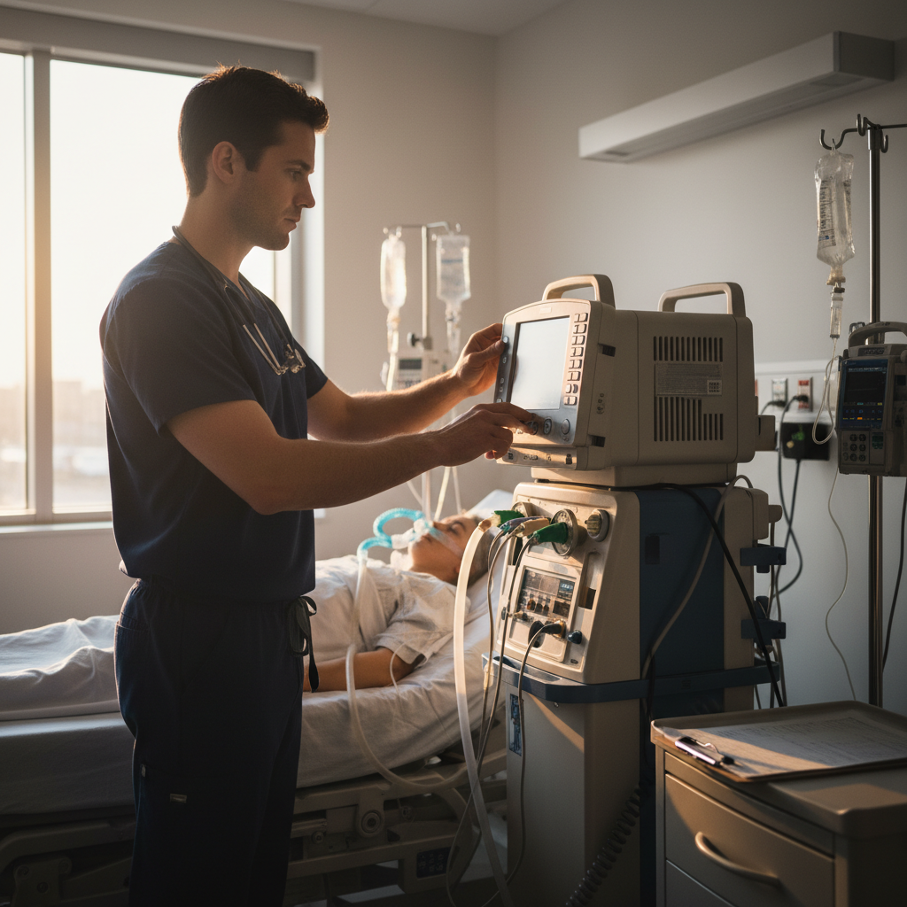 Respiratory therapist adjusting ventilator settings beside patient bed in ICU during early morning shift