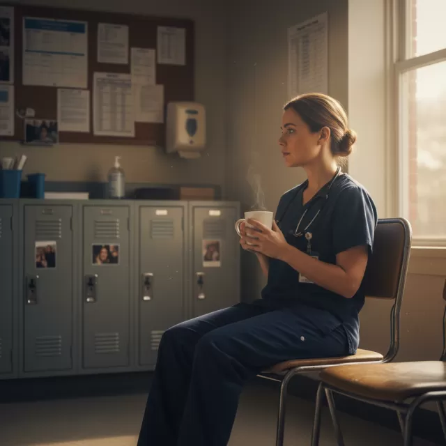 Nurse in scrubs reflecting quietly during break in hospital break room with natural light