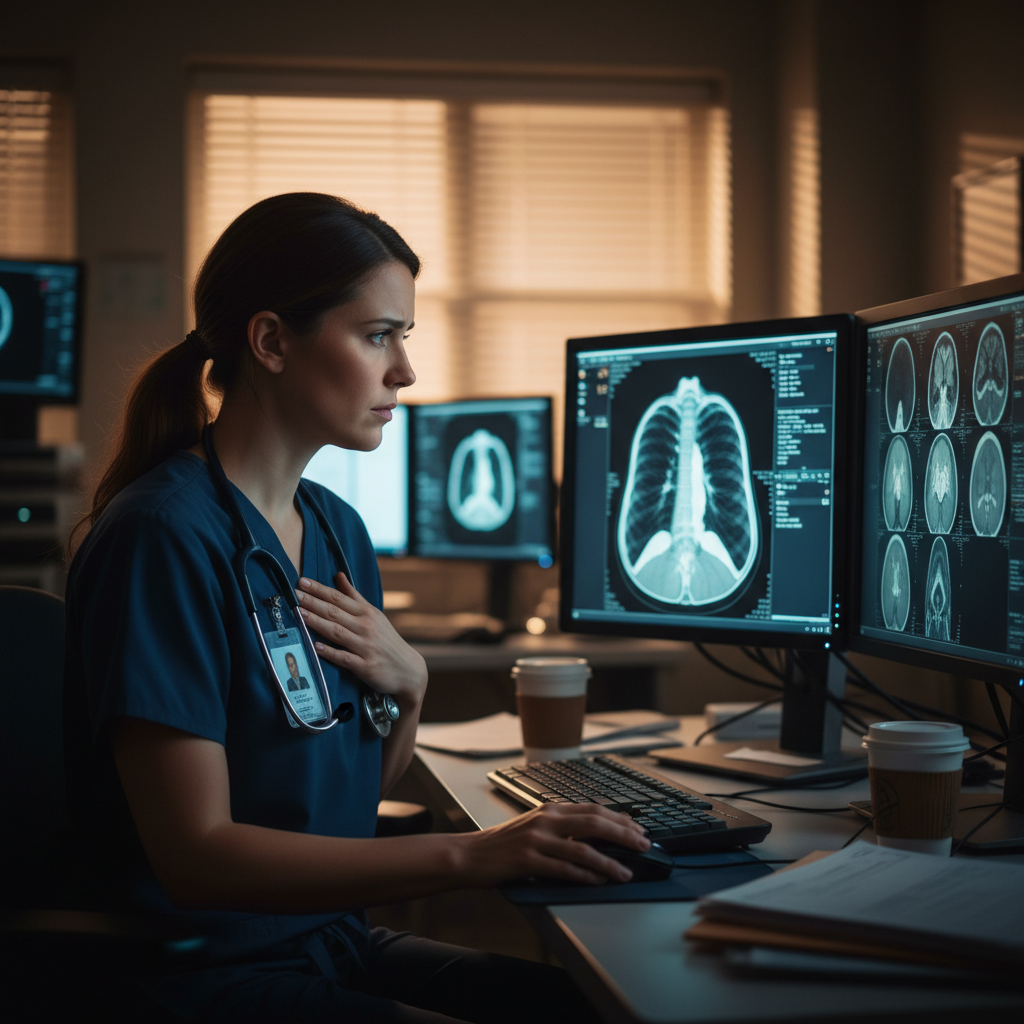 Radiologic technologist reviewing medical scans at PACS workstation in hospital radiology department