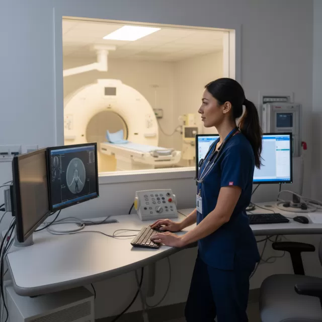 Radiology technologist at CT control console looking through window at scanner in hospital imaging suite