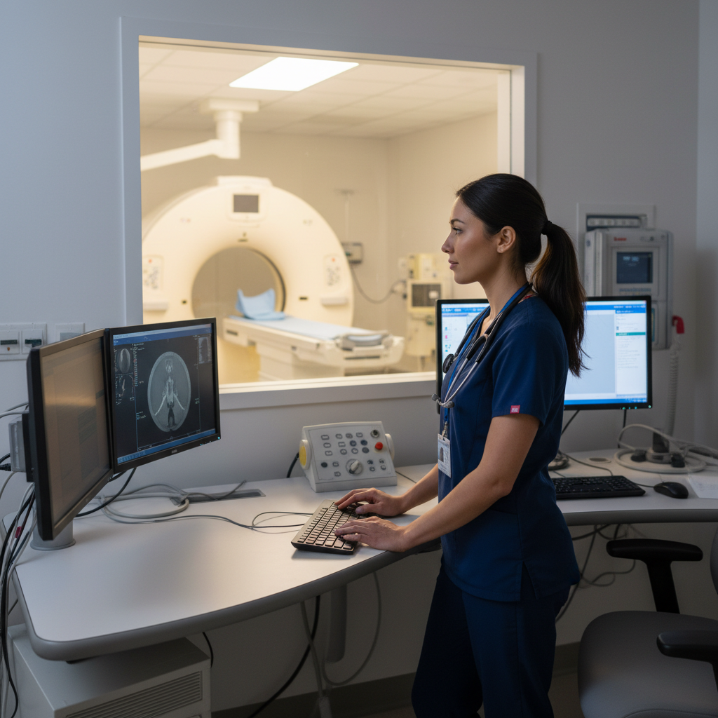 Radiology technologist at CT control console looking through window at scanner in hospital imaging suite