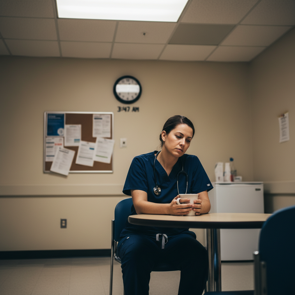 Exhausted nurse sitting alone in break room during night shift, reflecting on burnout