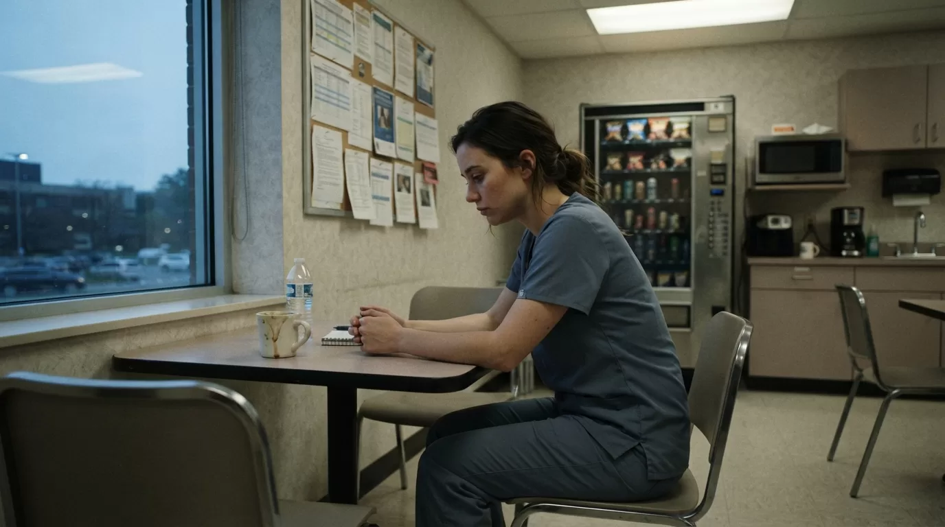 Nurse sitting alone in hospital break room during quiet moment of reflection on shift