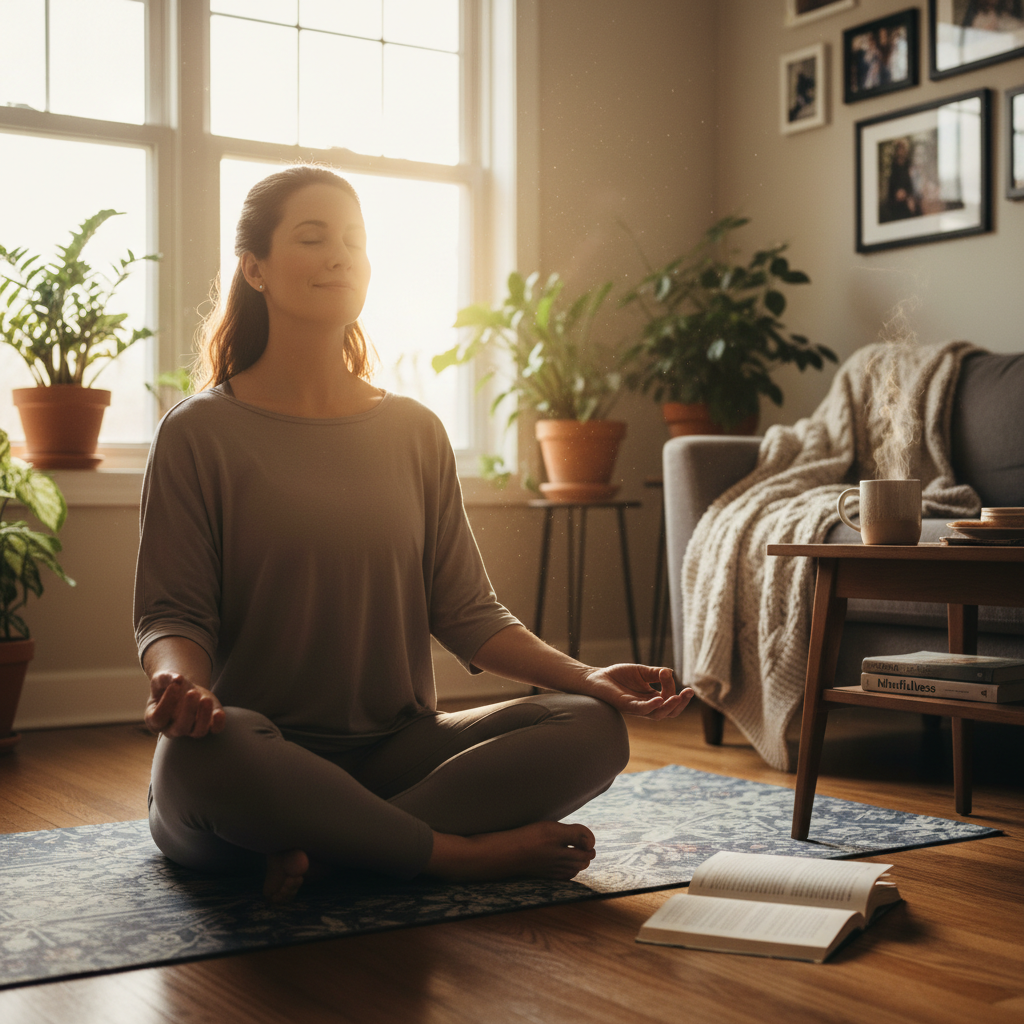 Occupational therapist practicing meditation at home on Sunday morning in peaceful living room setting