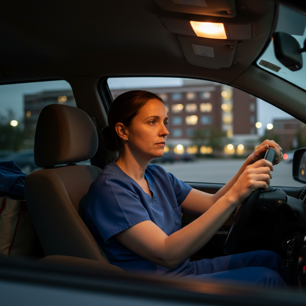 Nurse sitting alone in car after shift, looking contemplative in hospital parking lot at dusk