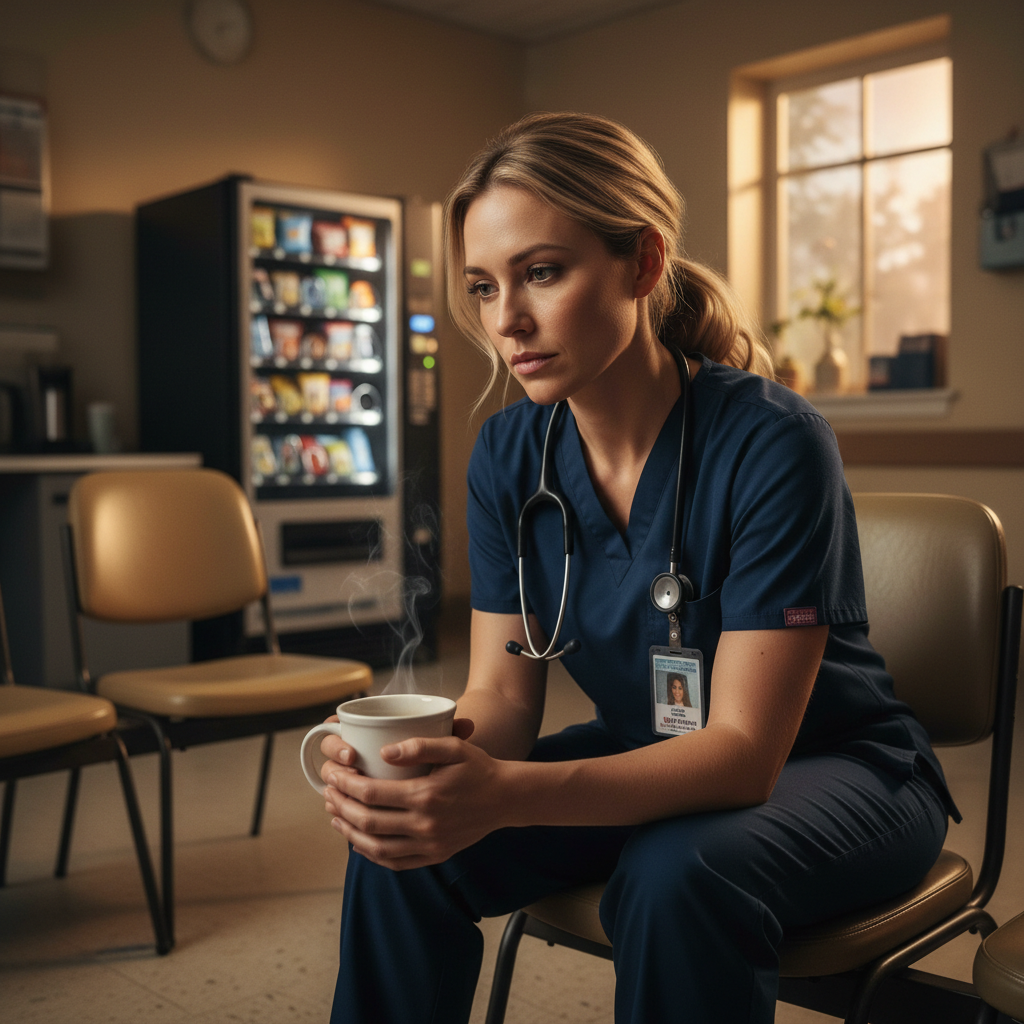 Nurse in scrubs sitting alone in hospital break room reflecting after difficult shift