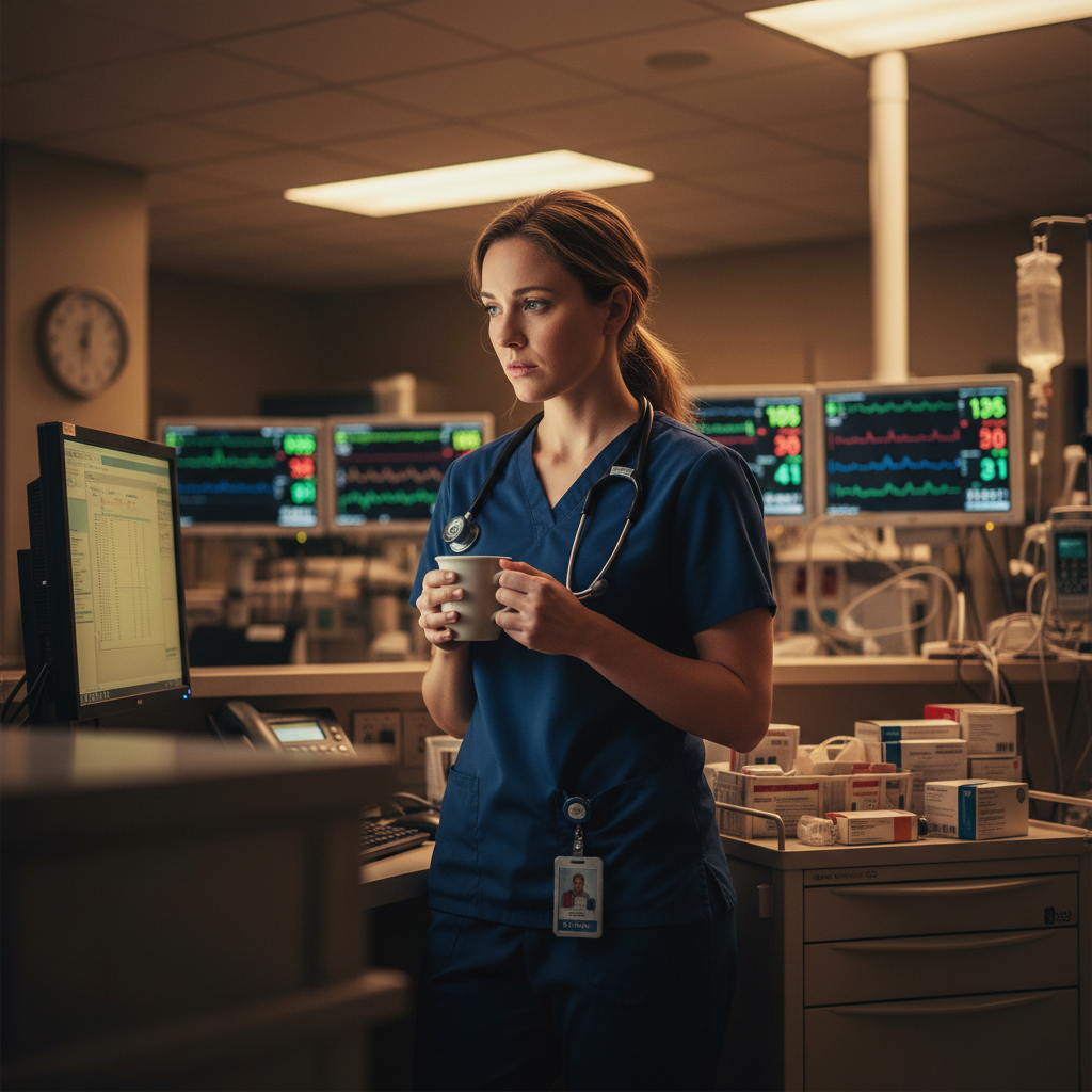 ICU nurse working at nurses station during night shift with monitors and equipment visible