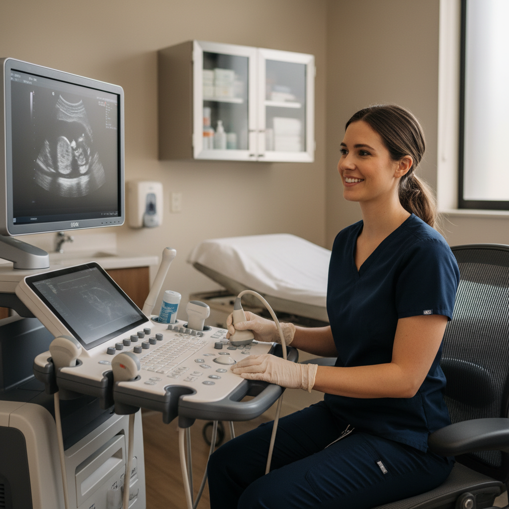 Ultrasound technologist smiling at console in modern sonography suite with imaging equipment