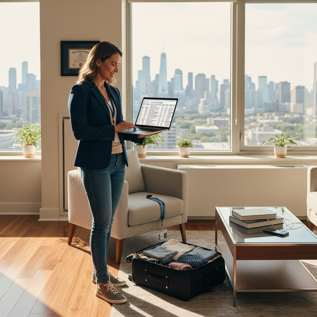 Travel nurse reviewing contract options in furnished apartment with city skyline view