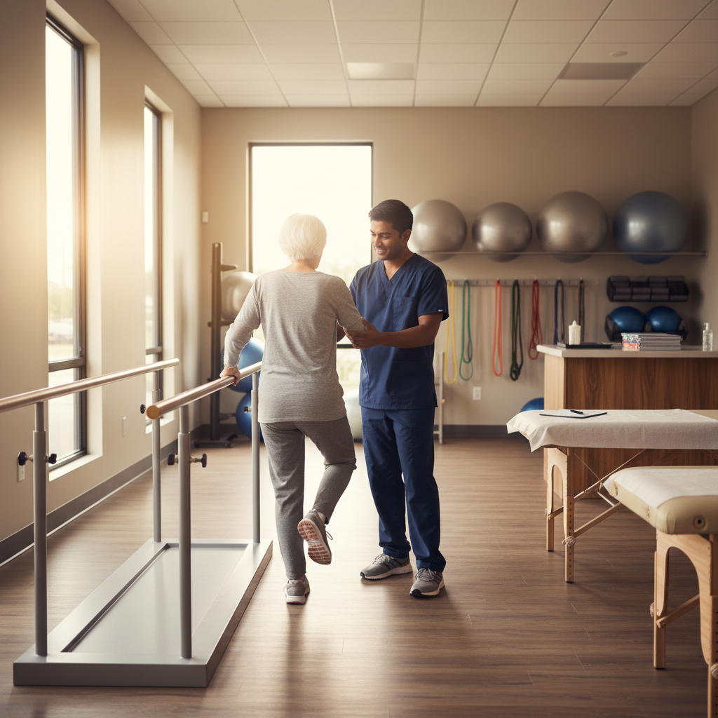 Physical therapist working with patient in outpatient rehab facility