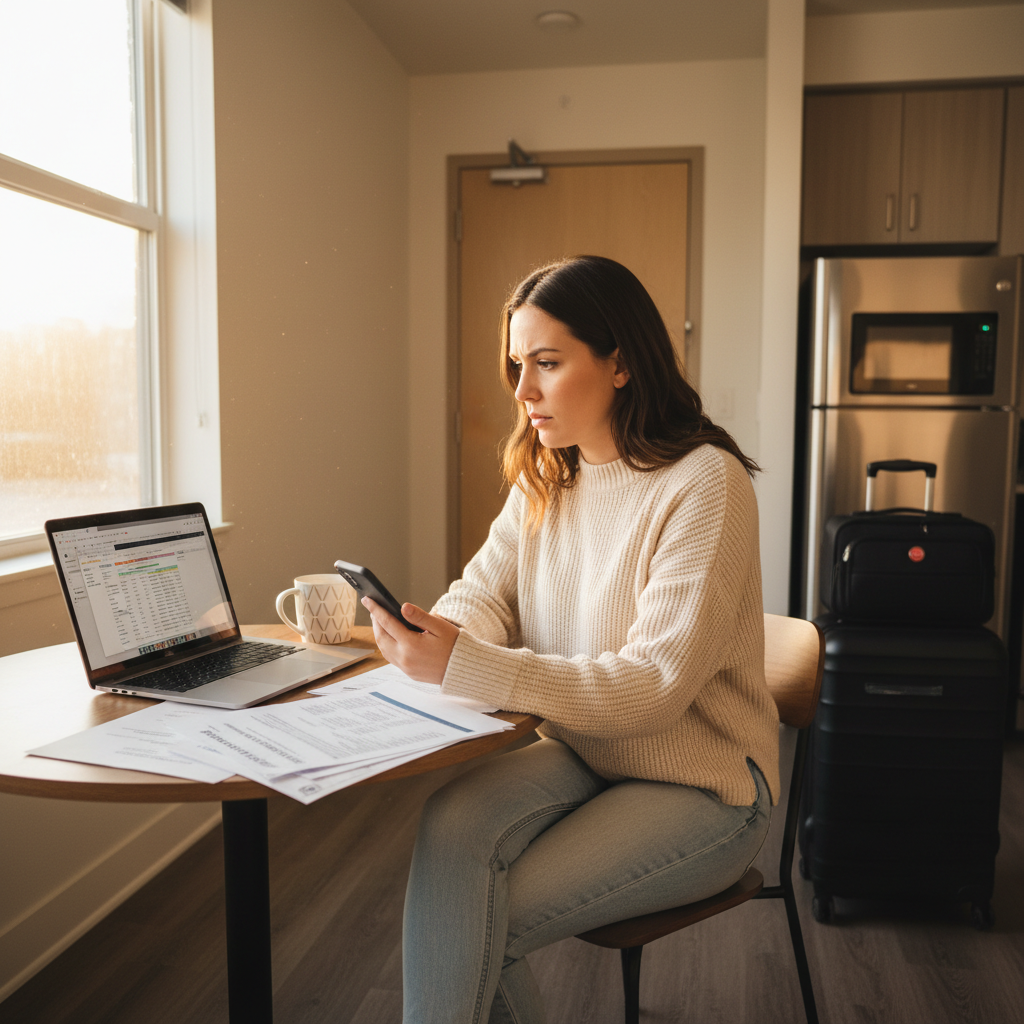 Travel nurse reviewing laptop and documents at apartment table after contract cancellation