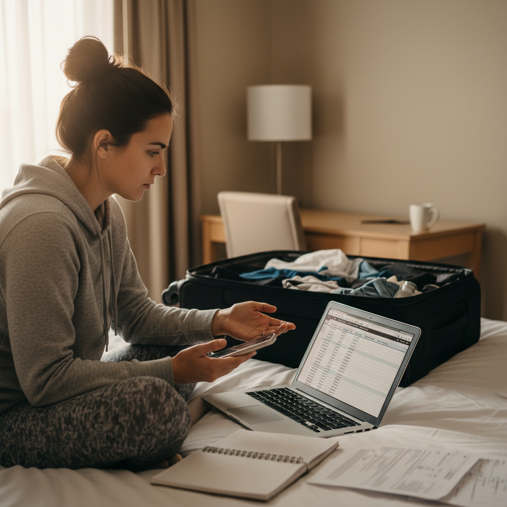 Travel nurse reviewing job contracts on laptop while sitting on hotel bed