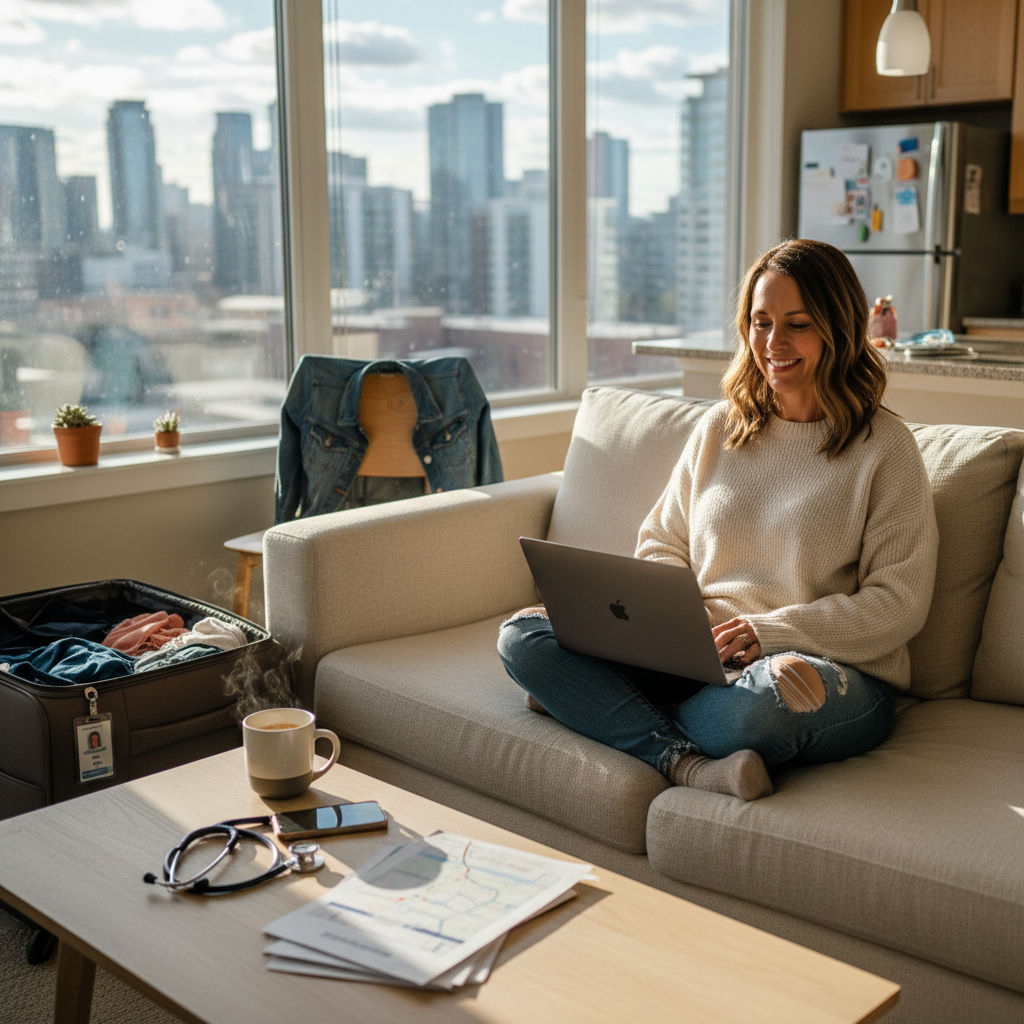 Travel nurse relaxing in temporary apartment with laptop and assignment paperwork on coffee table