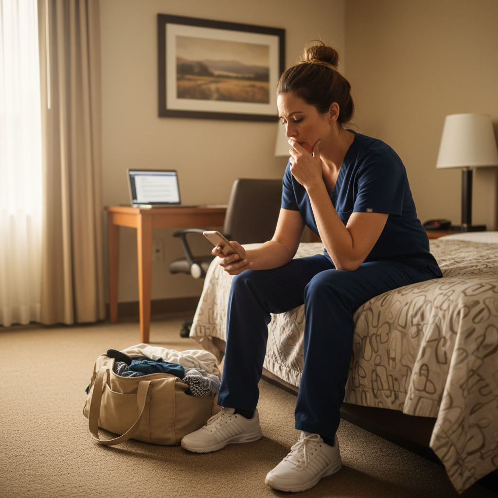 Travel nurse in scrubs sitting on hotel bed processing difficult family news during assignment