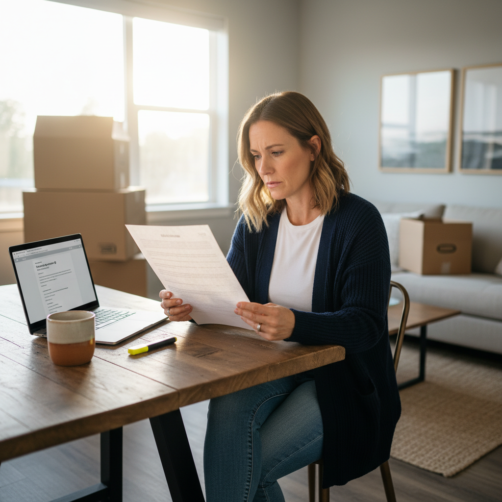 Travel nurse reviewing contract document at kitchen table in apartment