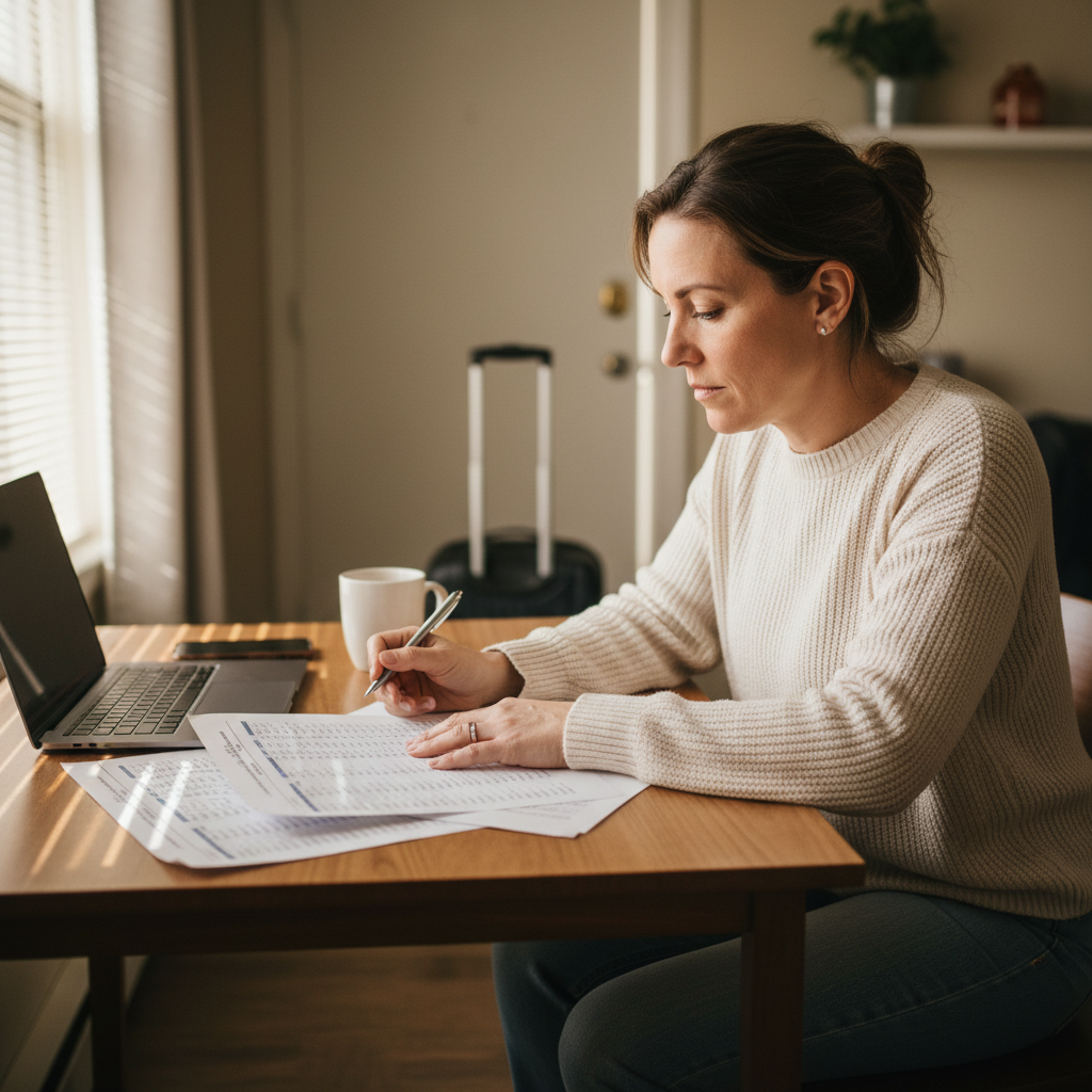 Travel nurse comparing city cost of living spreadsheets at apartment table with laptop