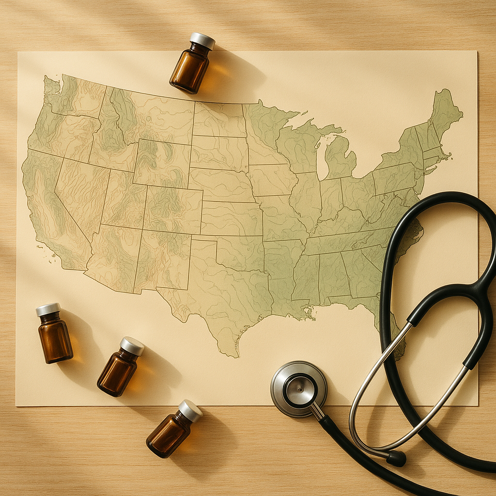 Topographic US map with medical supplies suggesting travel nursing opportunities across states
