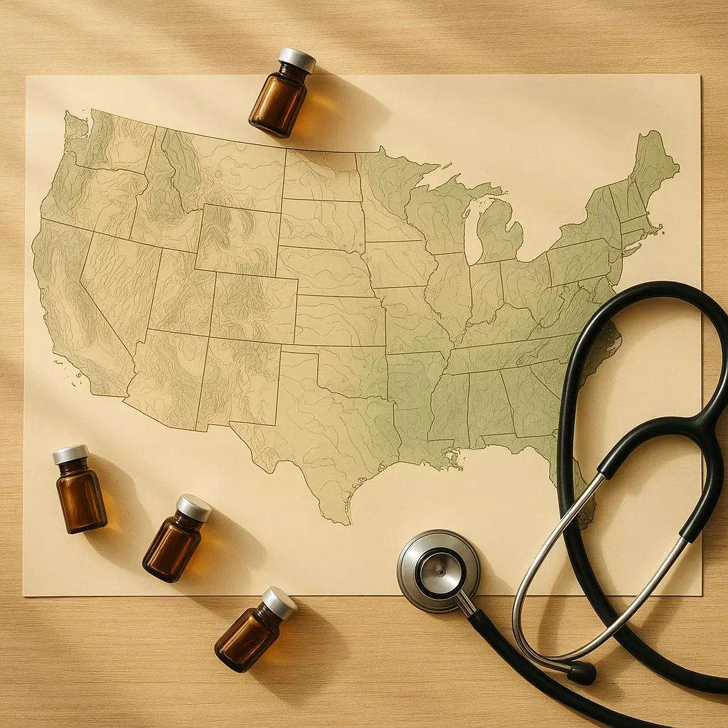 Topographic US map with medical supplies suggesting travel nursing opportunities across states