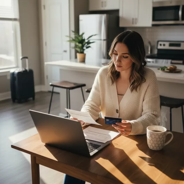 Travel nurse reviewing direct deposit documents and bank card at apartment kitchen table with laptop