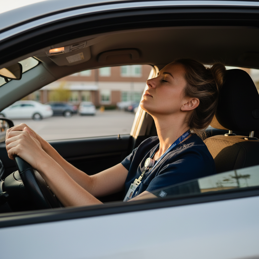 Travel nurse sitting in car after shift processing emotional news of contract extension offer