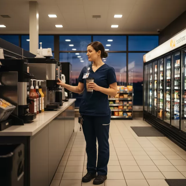 Travel nurse holding coffee cup at gas station during early morning shift