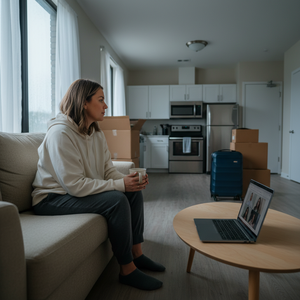 Travel nurse sitting alone in temporary apartment reflecting on homesickness during assignment