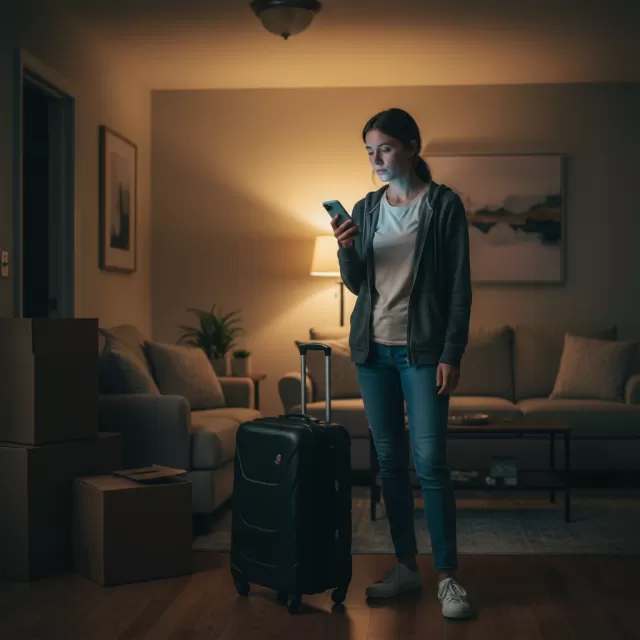 Travel nurse arriving at furnished apartment late at night with suitcase