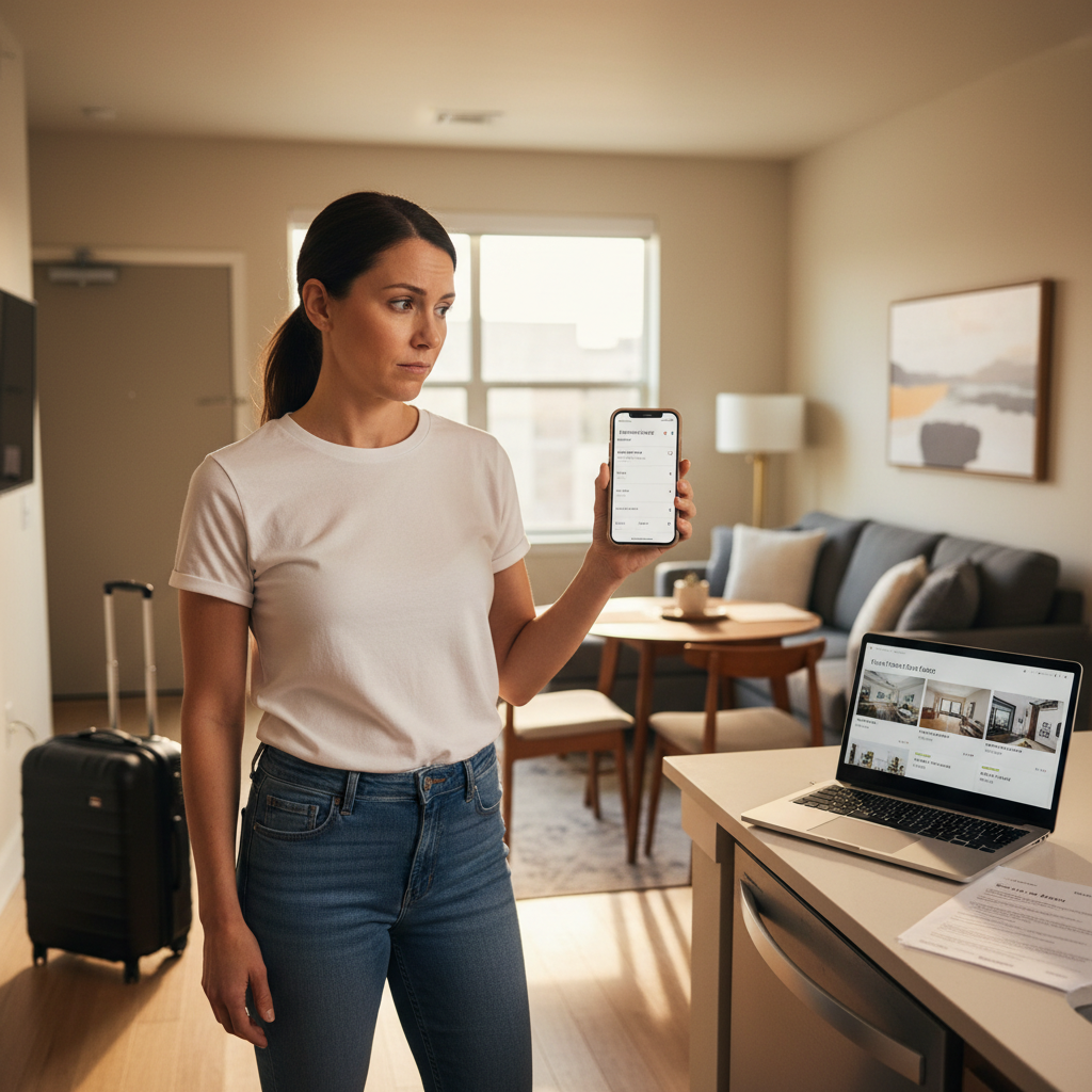 Travel nurse reviewing furnished apartment options on smartphone in modern studio