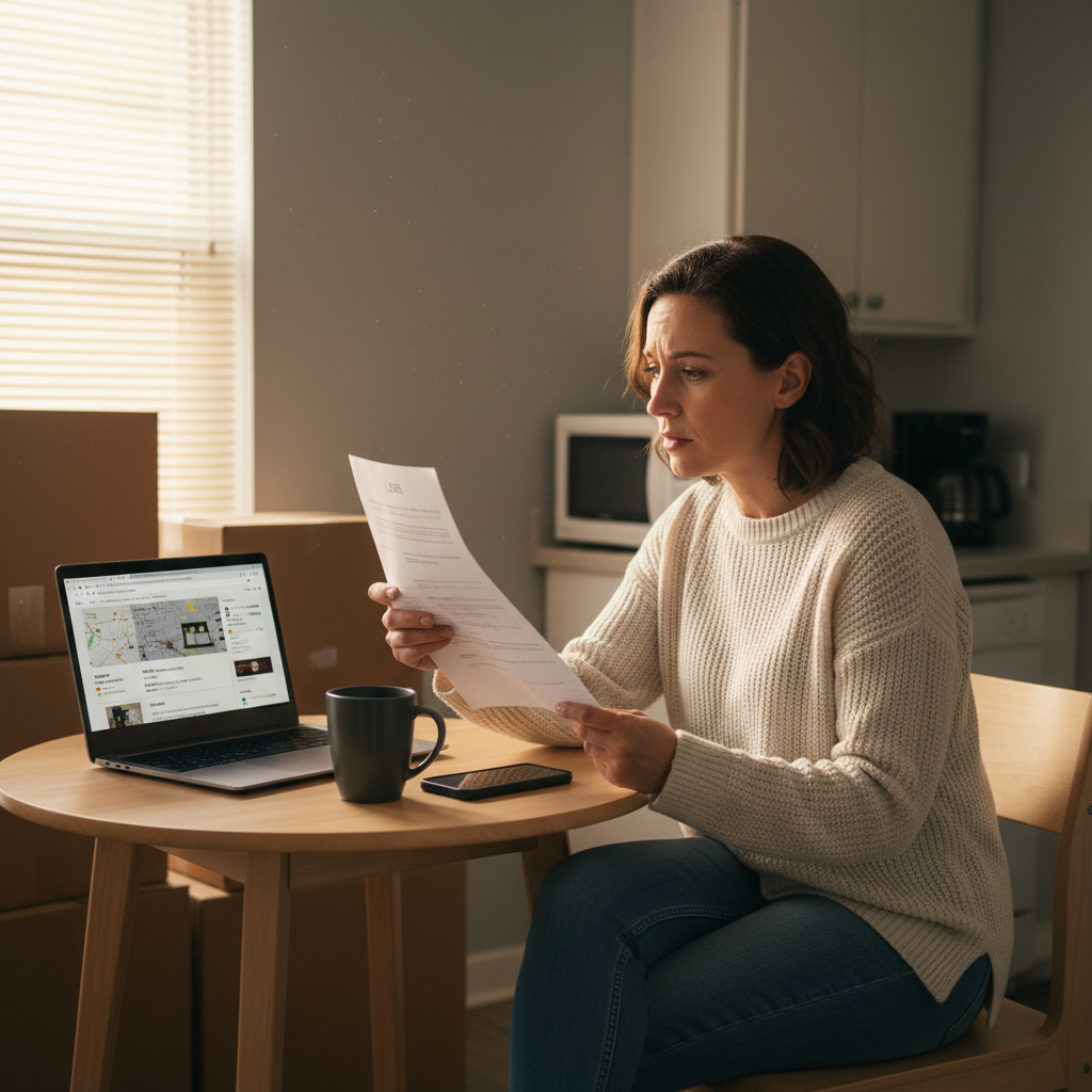 Travel nurse reviewing rental costs and housing stipend documents at apartment table