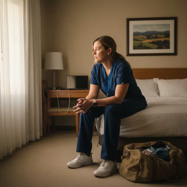Travel nurse in scrubs sitting on hotel bed looking contemplative during mid-contract period