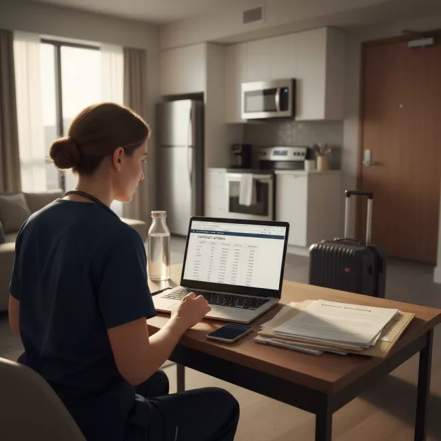 Travel nurse reviewing contract rates and paperwork in furnished apartment between assignments
