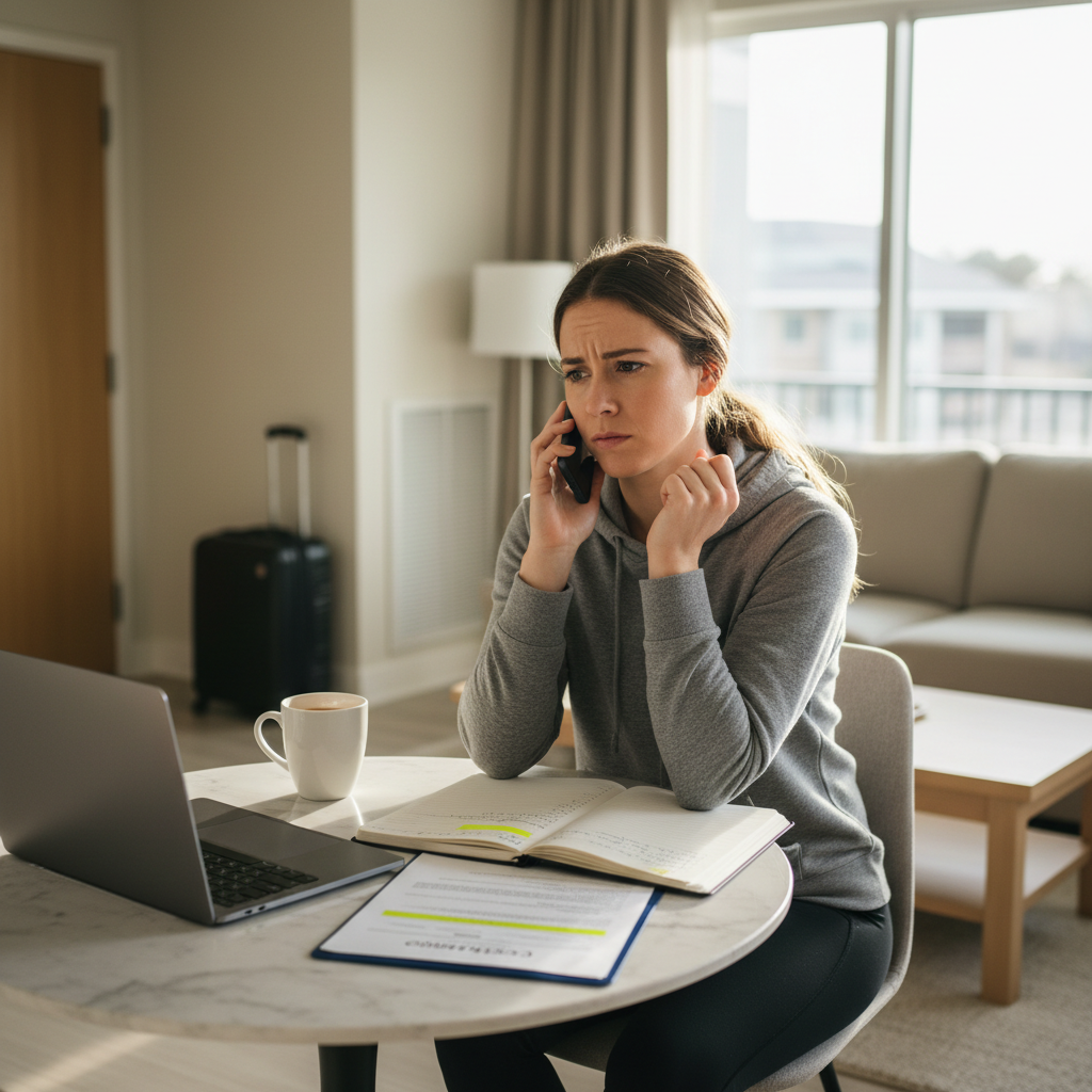 Travel nurse reviewing contract on phone call, looking concerned at kitchen table in apartment