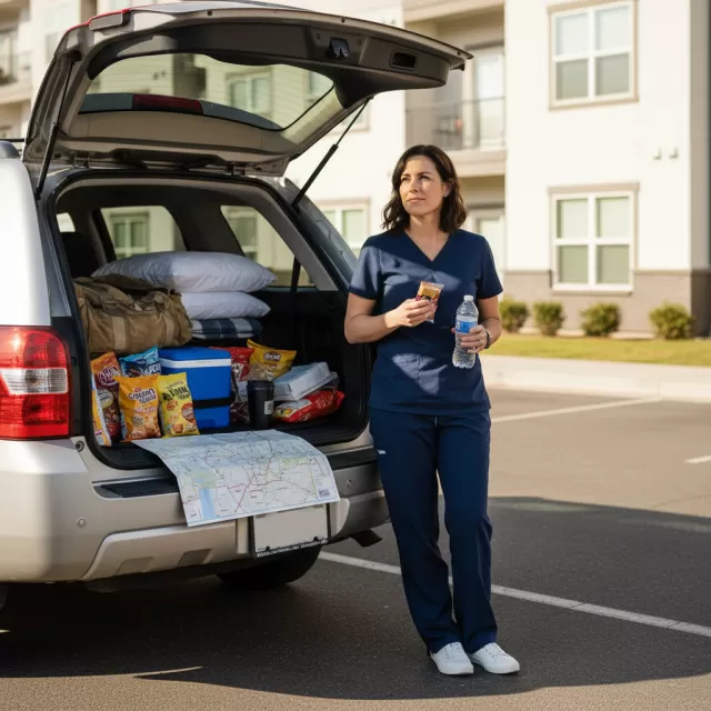 Travel nurse standing at car trunk with road trip snacks and supplies between assignments