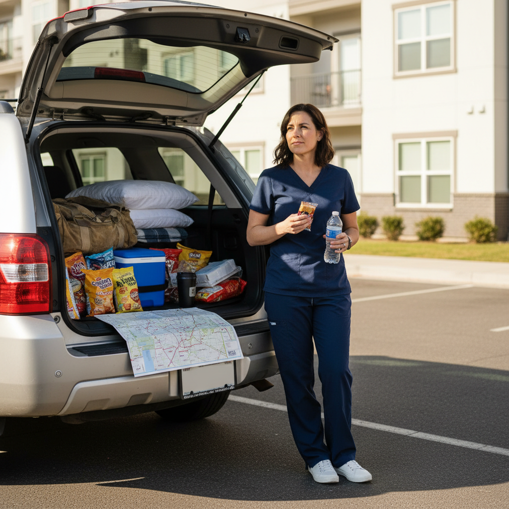 Travel nurse standing at car trunk with road trip snacks and supplies between assignments