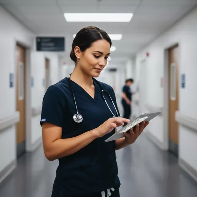 Travel nurse reviewing specialty contract rates on tablet in hospital hallway