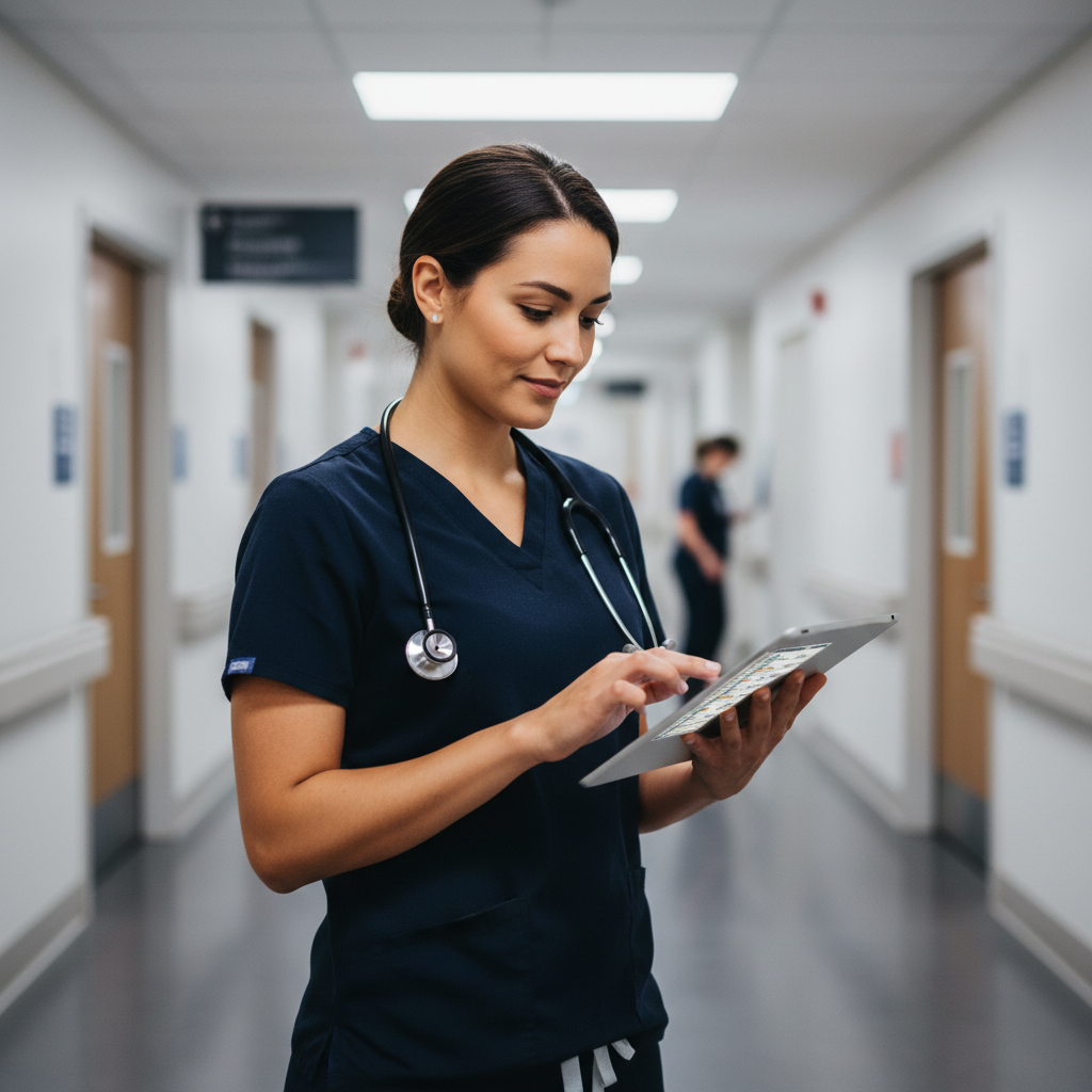 Travel nurse reviewing specialty contract rates on tablet in hospital hallway