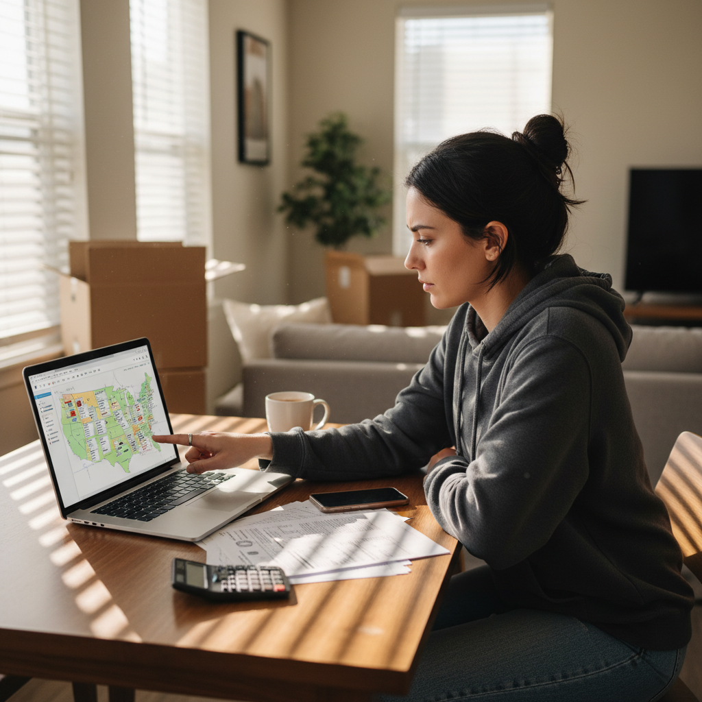 Travel nurse reviewing state tax information on laptop while planning next assignments at home